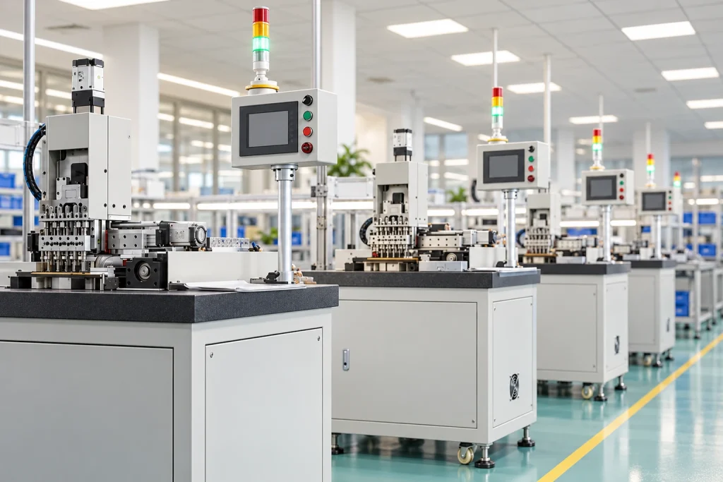 Automated connector production stations.