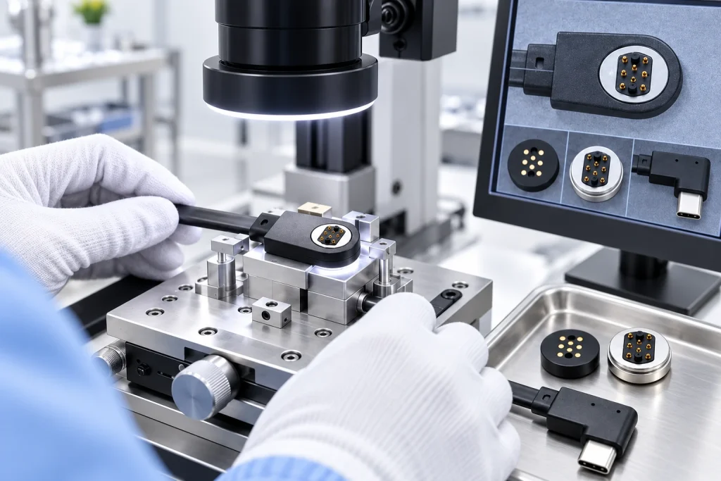Inspection of circular magnetic connector components.