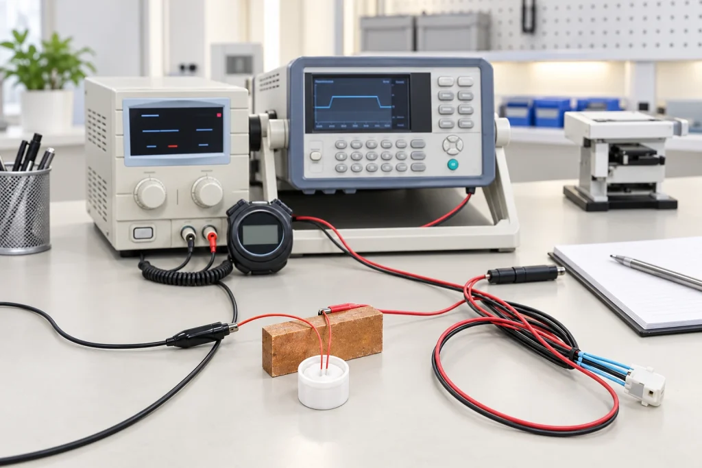 Electrical measurement bench with connector samples.
