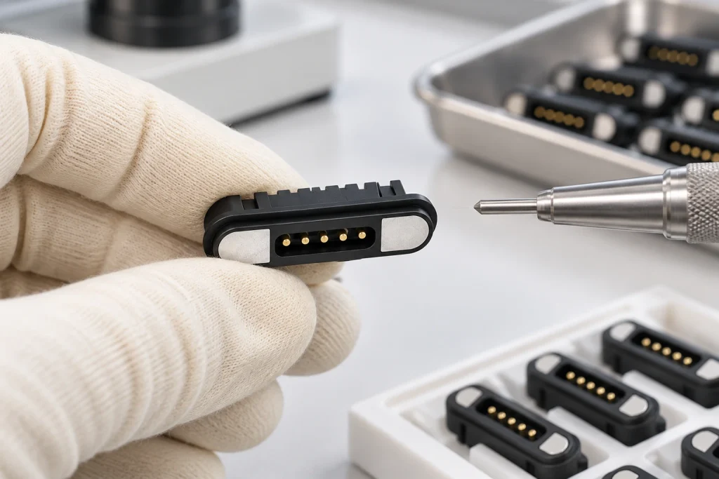 Five-contact connector under visual inspection.