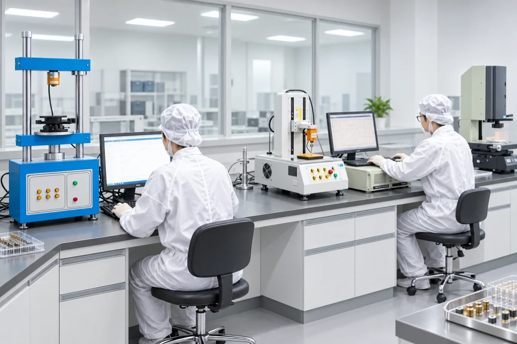 Laboratory operators checking connector samples.