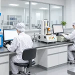 Laboratory operators checking connector samples.