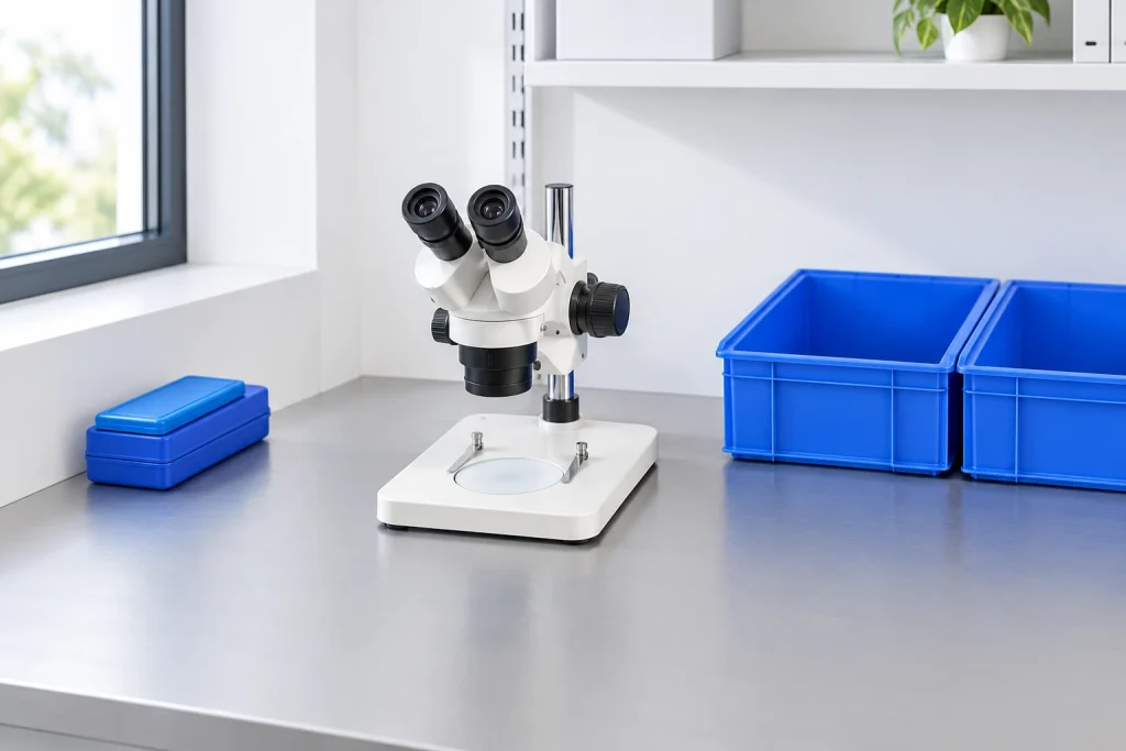 Stereo microscope and connector inspection trays.