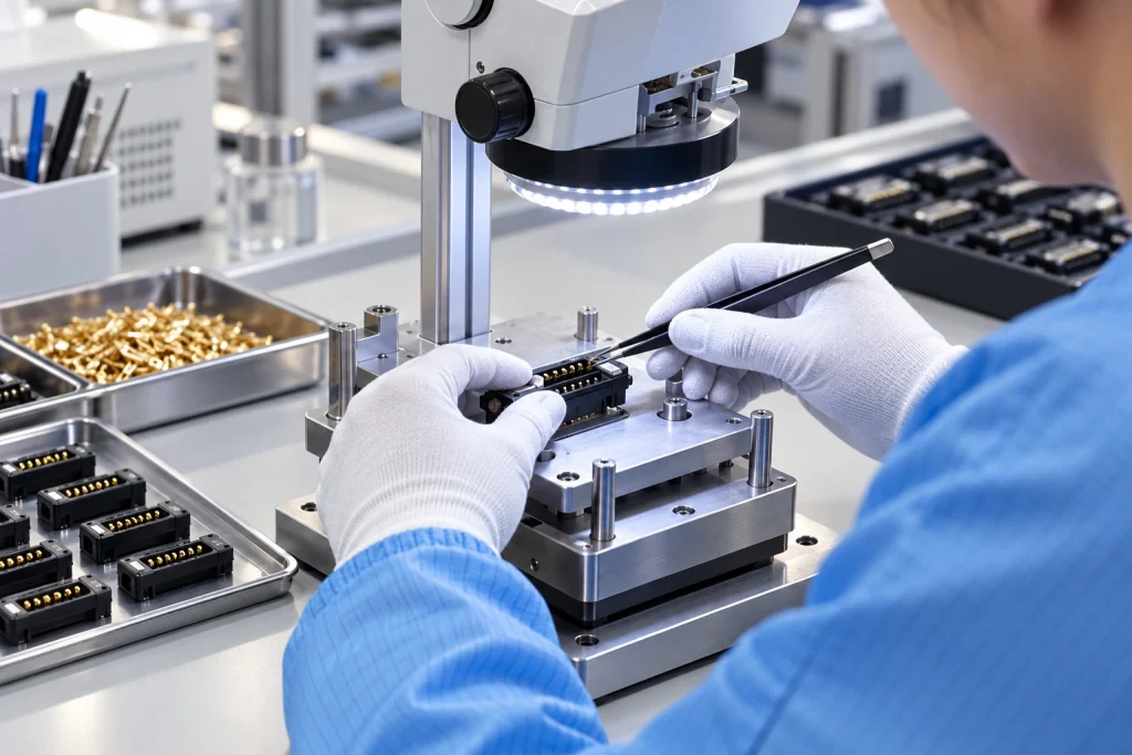 Microscope inspection of connector samples.