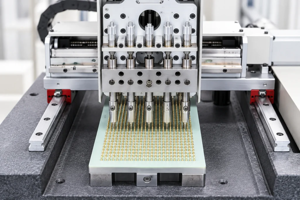 Spring contact assembly fixture and pressing mechanism.