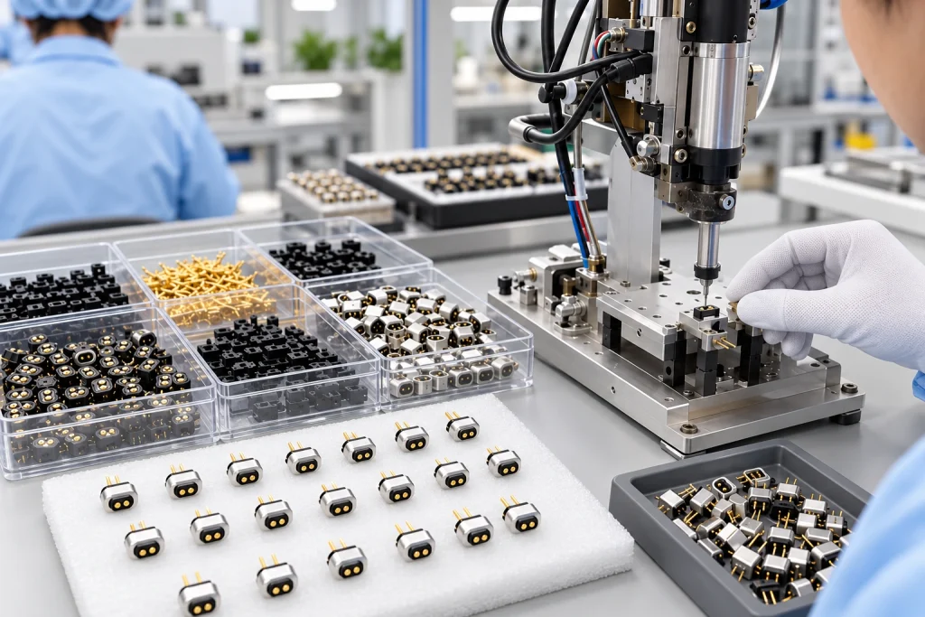 Connector assembly press and component trays.