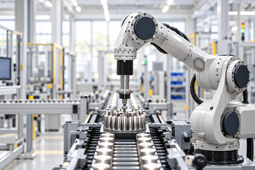 Industrial robot handling components on a production line.