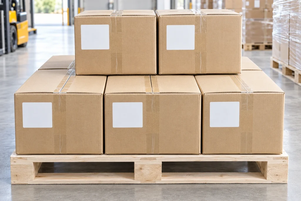 Packaged connector shipments in a dispatch area.