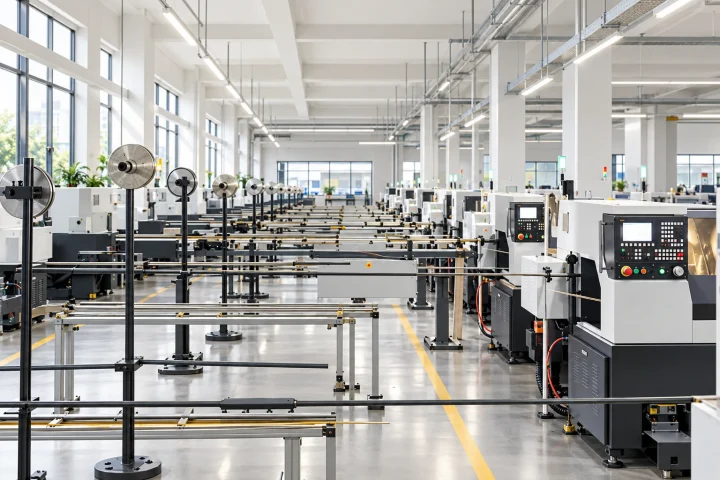 Automatic turning equipment in a production workshop.