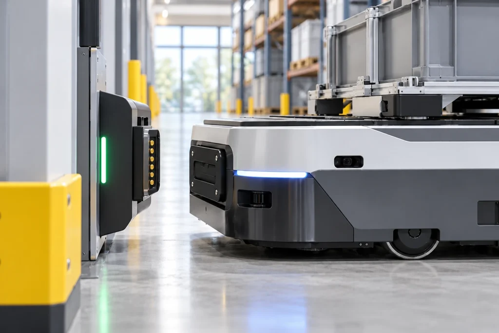 Mobile robot in a materials handling aisle.