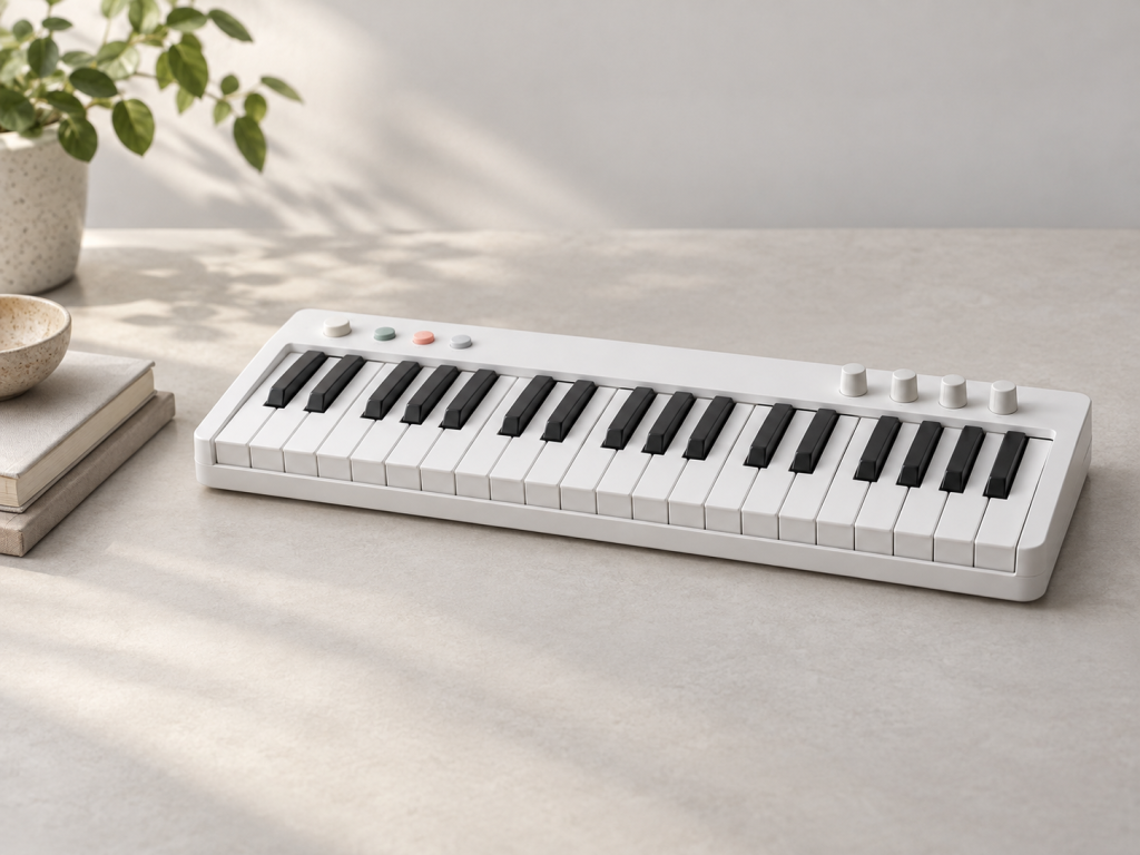 Conceptual compact digital keyboard on a light studio surface.
