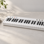 Conceptual compact digital keyboard on a light studio surface.