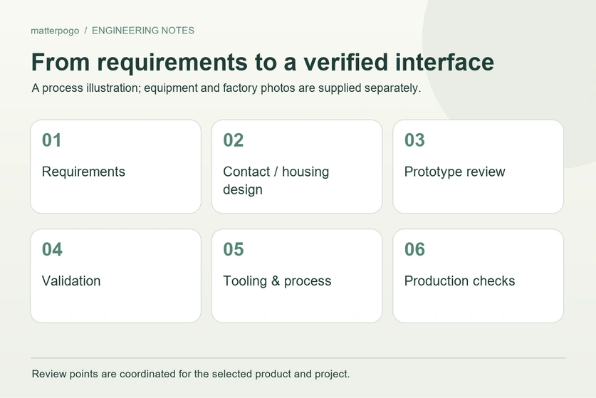 Connector development and validation workflow; schematic process overview.