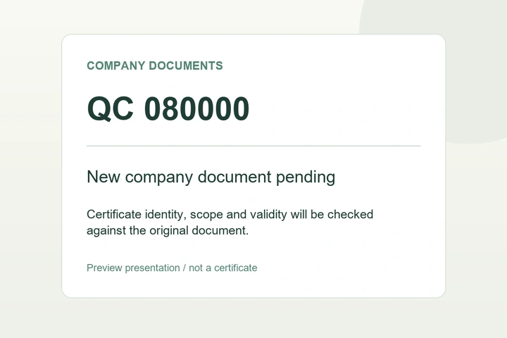 New company certificate document pending; preview card, not a certificate.