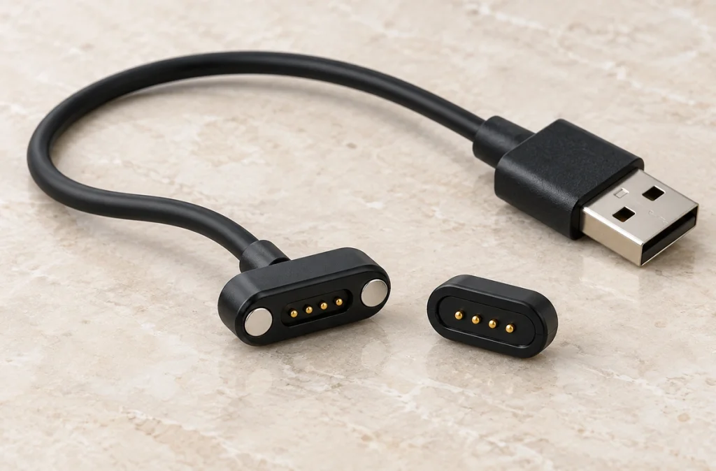 Four-contact USB-A magnetic cable with two end magnets on the contact face and matching receptacle.