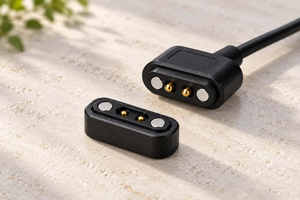 Two-contact magnetic cable connector and matching receptacle with end magnets on the contact faces.