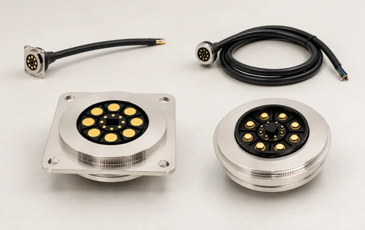 Four high-current magnetic connector parts: two cable assemblies and matching square-flange and round sockets.