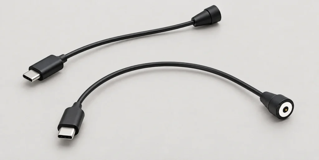 Two separate USB-C circular magnetic charging cable assemblies; one head shows a single central contact.