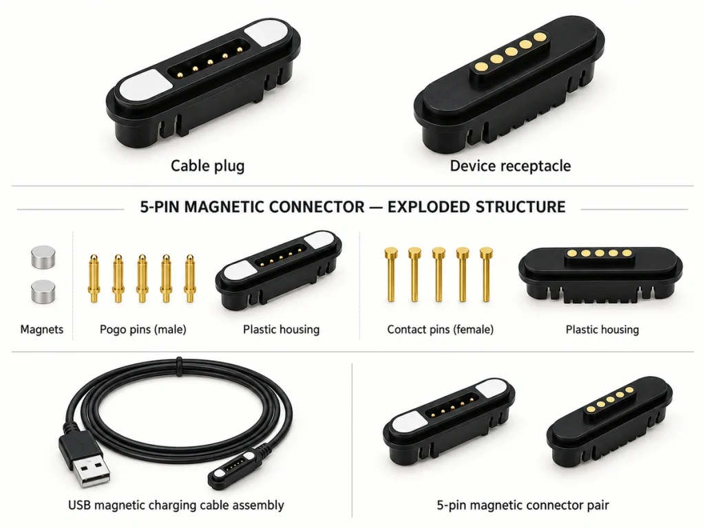 Five-contact magnetic connector pair, exploded components and complete USB-A charging cable.