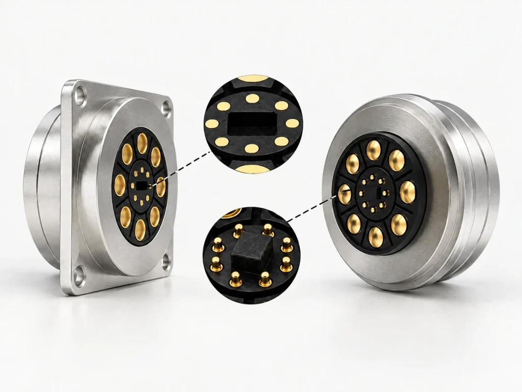 High-current square-flange and round magnetic connectors with eight outer contacts and eight inner contacts; magnified mating details.