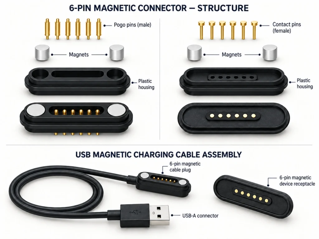 Six-contact magnetic connector structure: pins, magnets, housings and complete USB-A charging cable assembly.