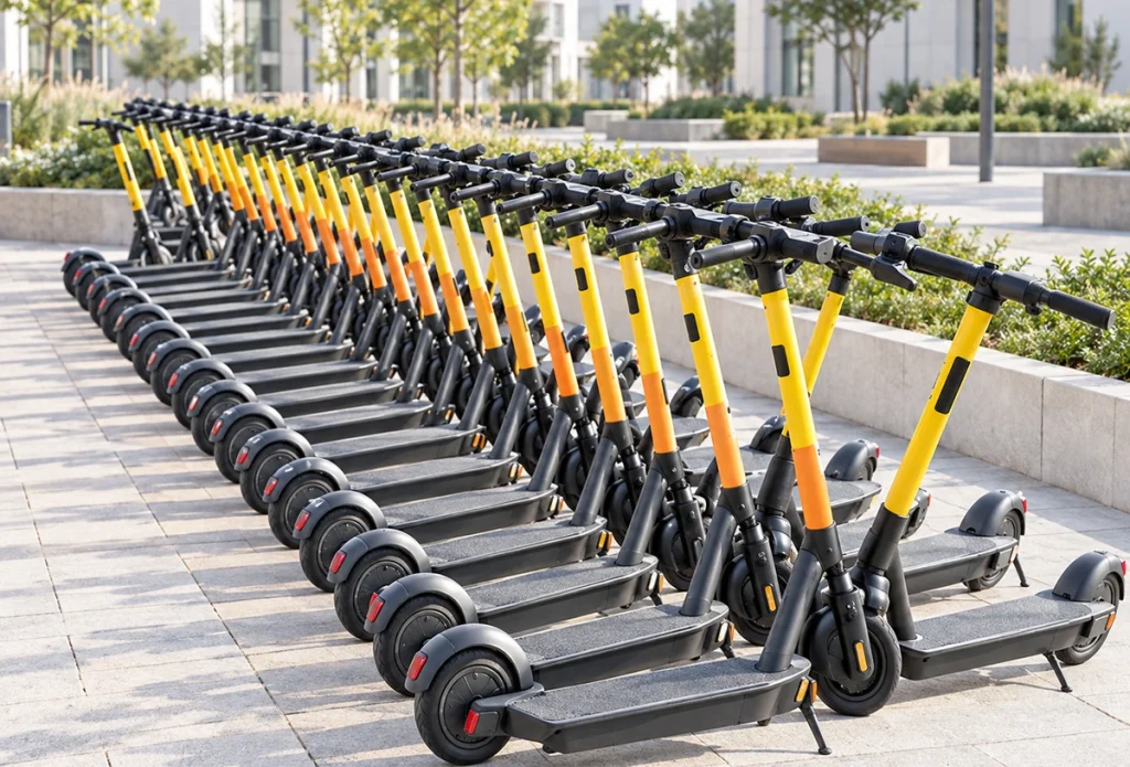 Yellow and black electric kick scooters parked in a bright modern urban plaza.