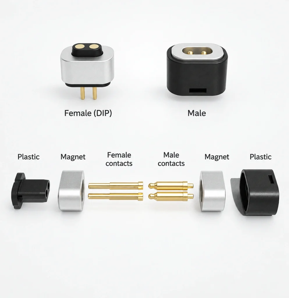 Two-contact magnetic connector male and female pair with labeled exploded plastic, magnet and contact components.