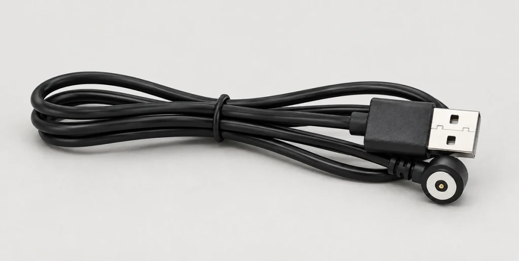 Complete folded USB-A circular magnetic charging cable with annular mating face and one central contact.