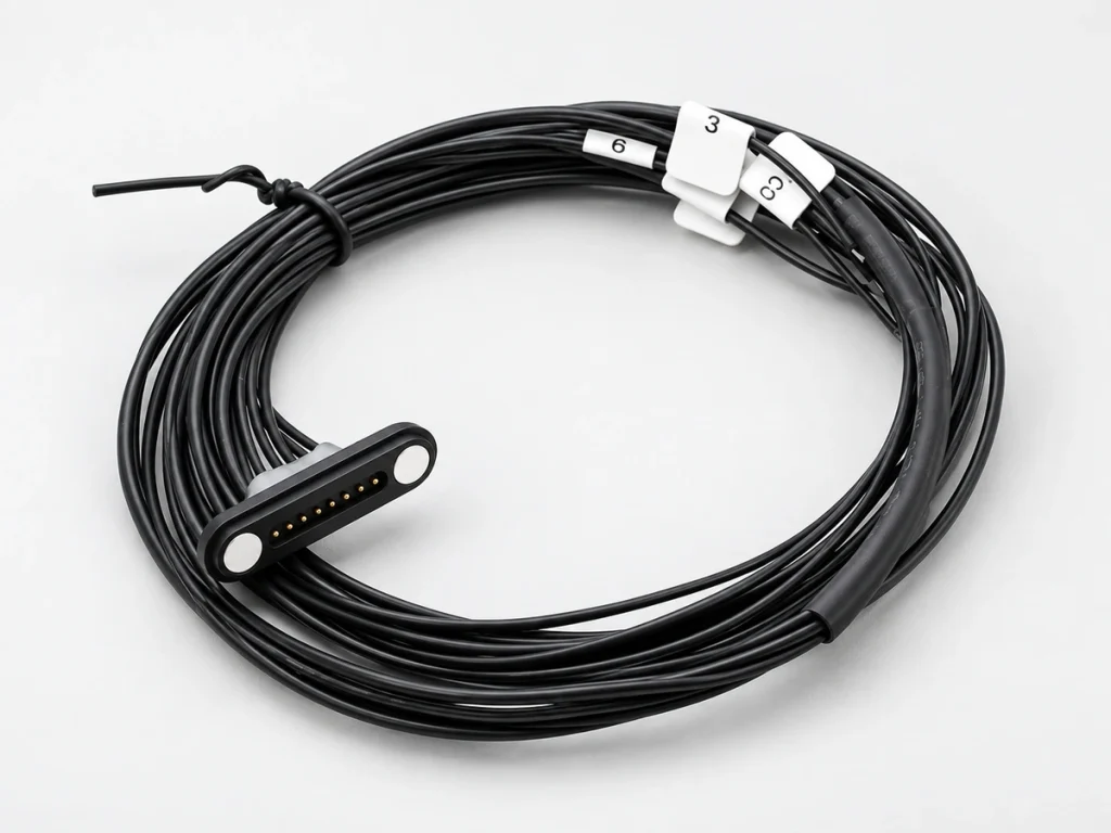 Eight-contact magnetic bare-wire harness with two silver end magnets and original numbered wiring tags.