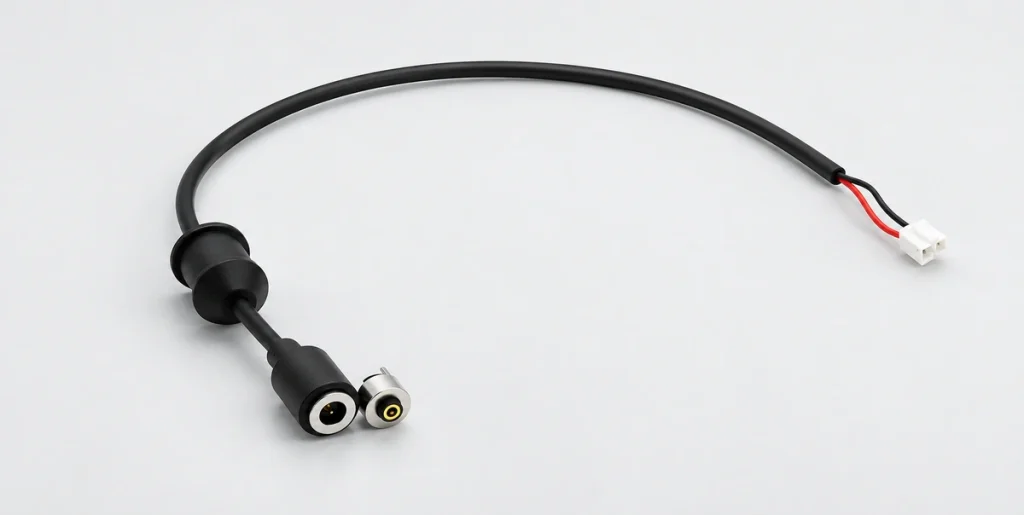 Circular coaxial magnetic cable with flanged grommet, red and black wires, white terminal and matching circular mate.