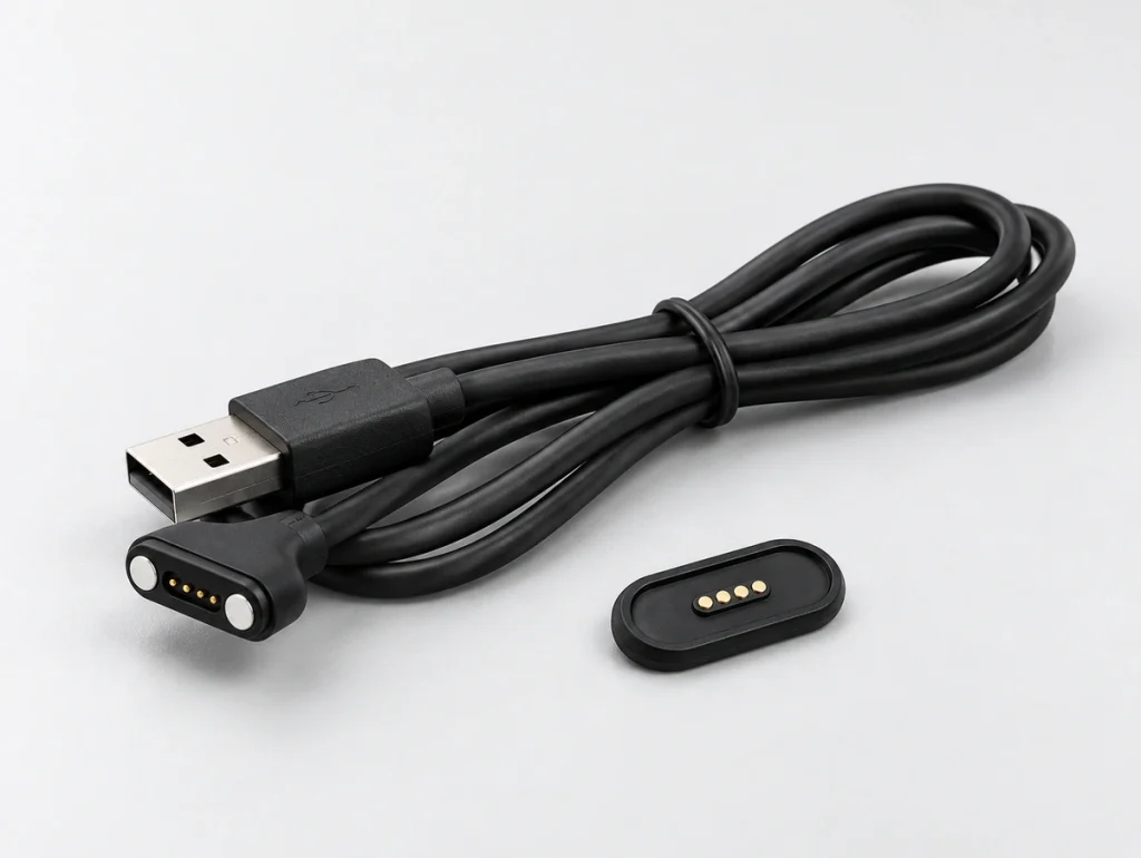 Four-contact USB-A magnetic cable with two silver end magnets and a separate four-pad device plate.