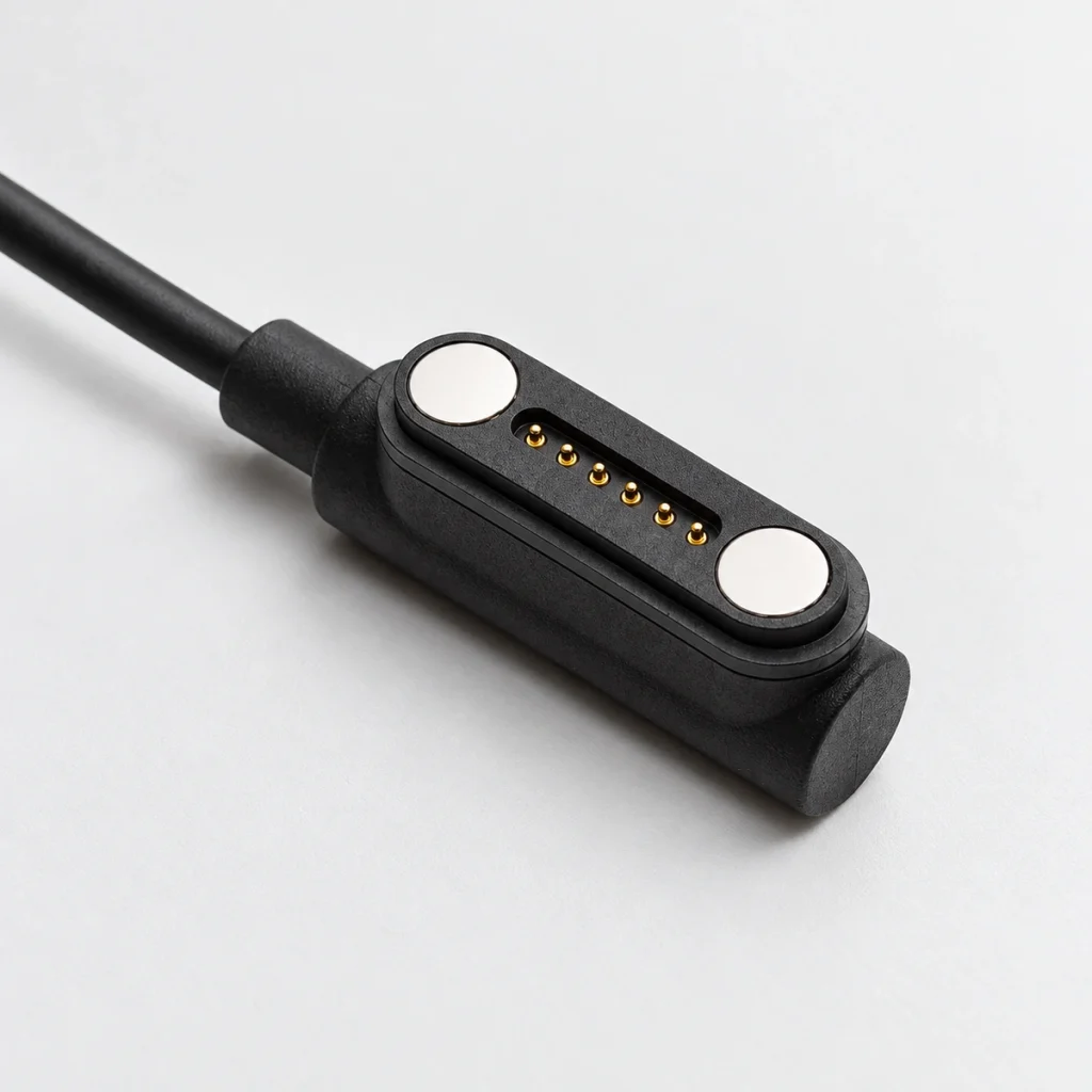 Six gold pogo contacts between two circular silver end magnets on the original black cable head and mounting flange.