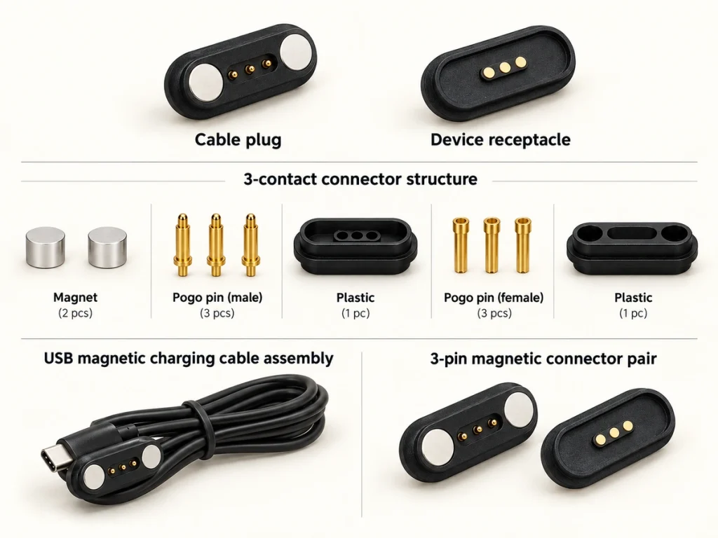Three-contact magnetic connector pair, two magnets, matching exploded components and complete USB charging cable.