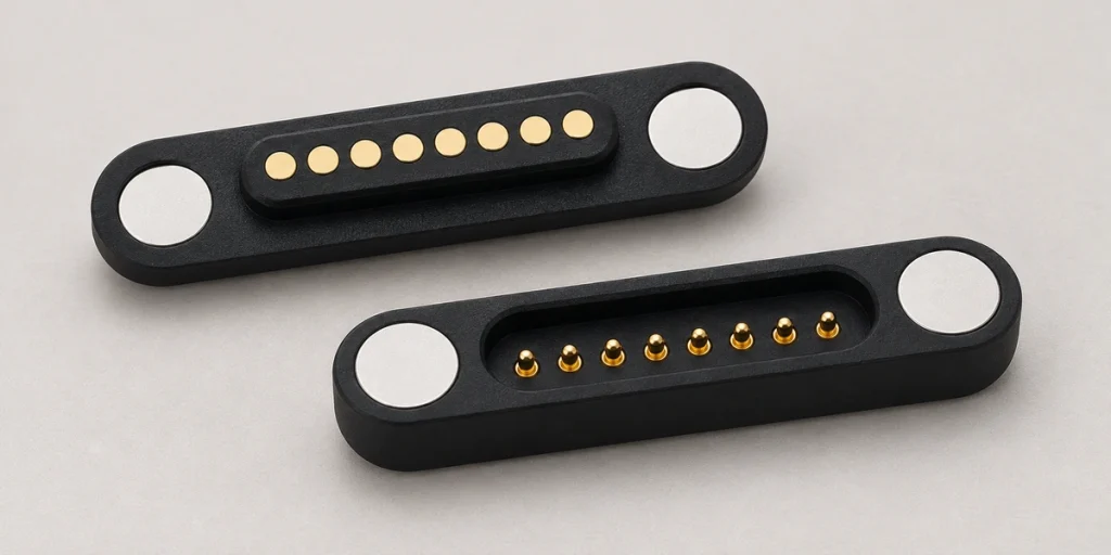 Eight flat gold pads and eight pogo contacts in straight rows, with two silver end magnets on each black oblong mating face.