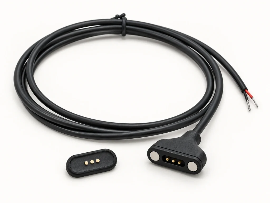 Three-contact bare-wire magnetic cable with two silver end magnets and a separate three-pad device plate.