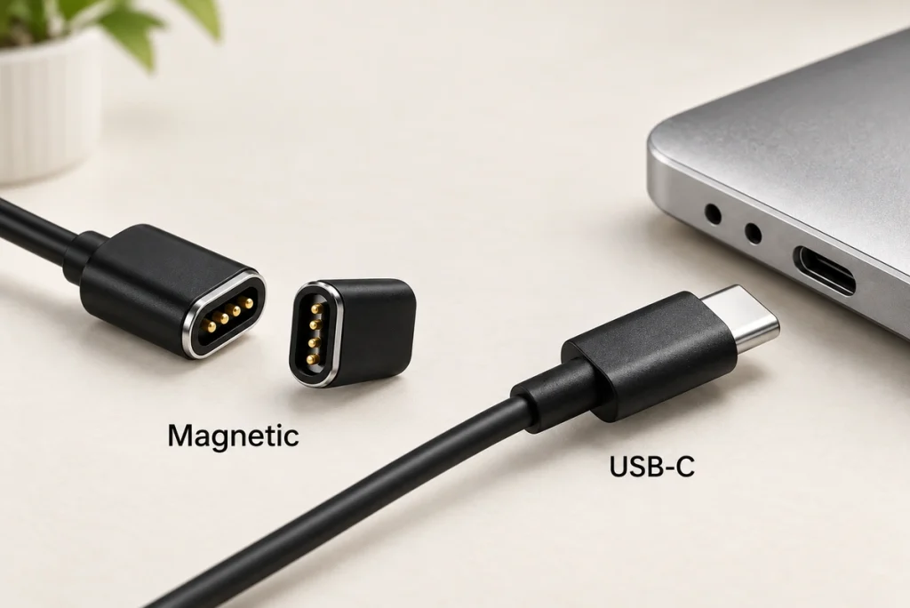 Four-contact magnetic connector pair compared with a conventional USB-C connector and laptop port.
