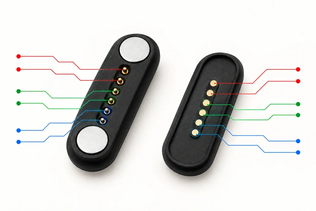Six-contact magnetic pogo connector and six-pad plate with illustrative color-coded leader lines.
