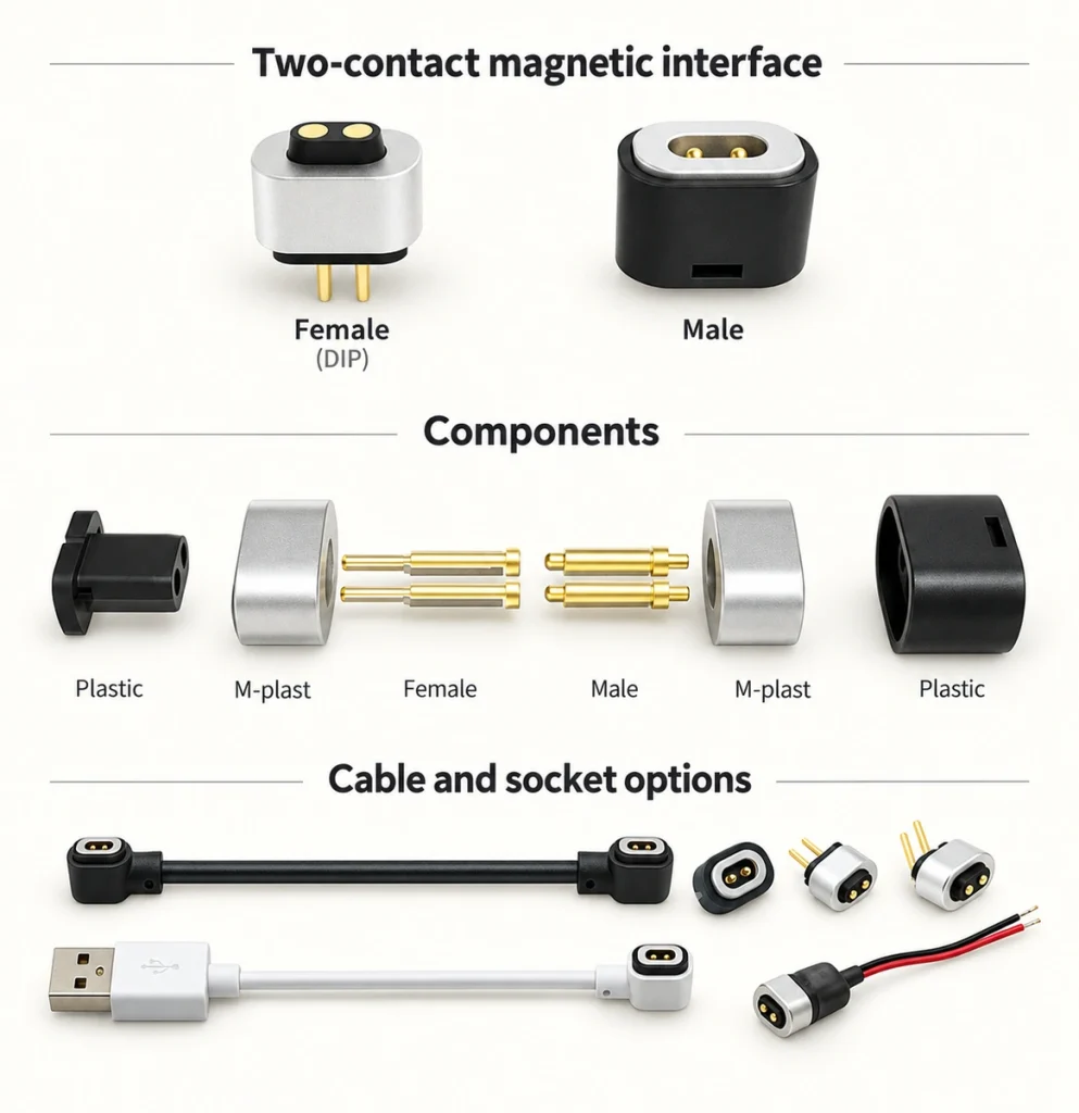Two-contact magnetic connector structure, matching components, cable assemblies and socket options.