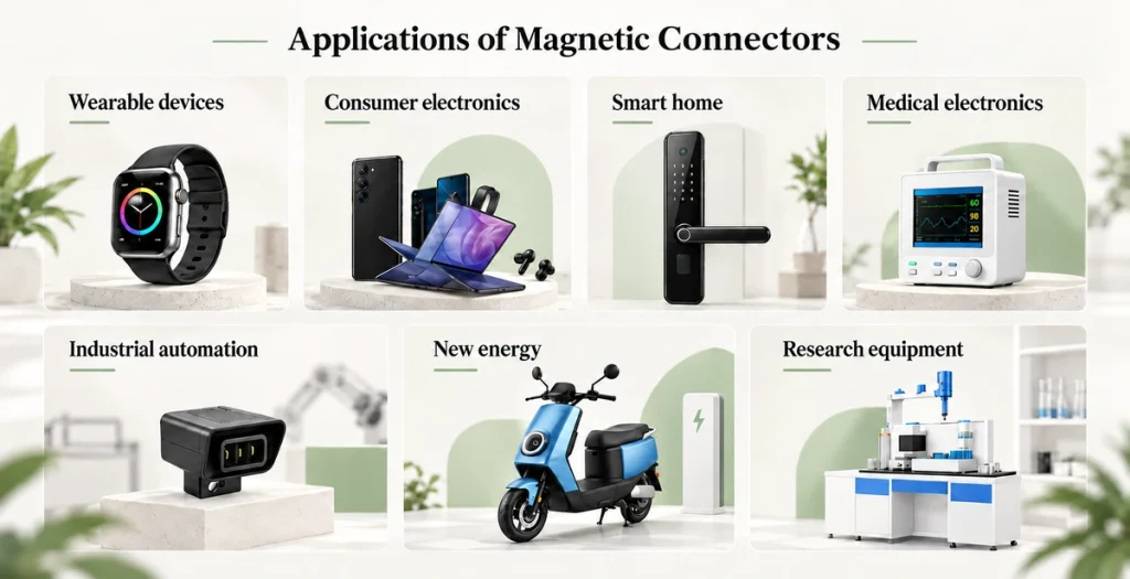 Magnetic connector application concepts for wearable, consumer, home, medical, industrial, energy and research devices.