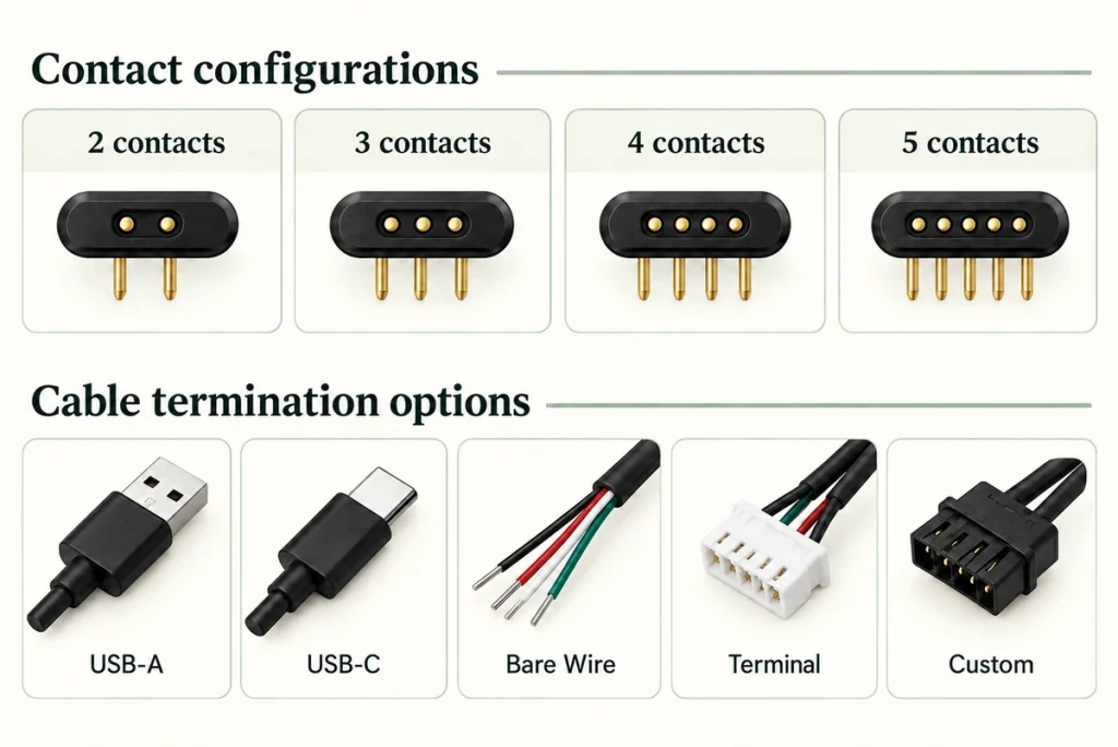 Two-, three-, four- and five-contact configurations with USB-A, USB-C, bare-wire and terminal options.