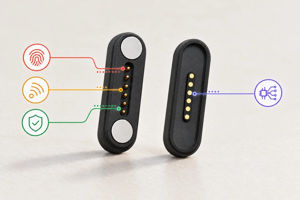 Six-contact magnetic connector pair with generic application symbols; plug has two silver end magnets.