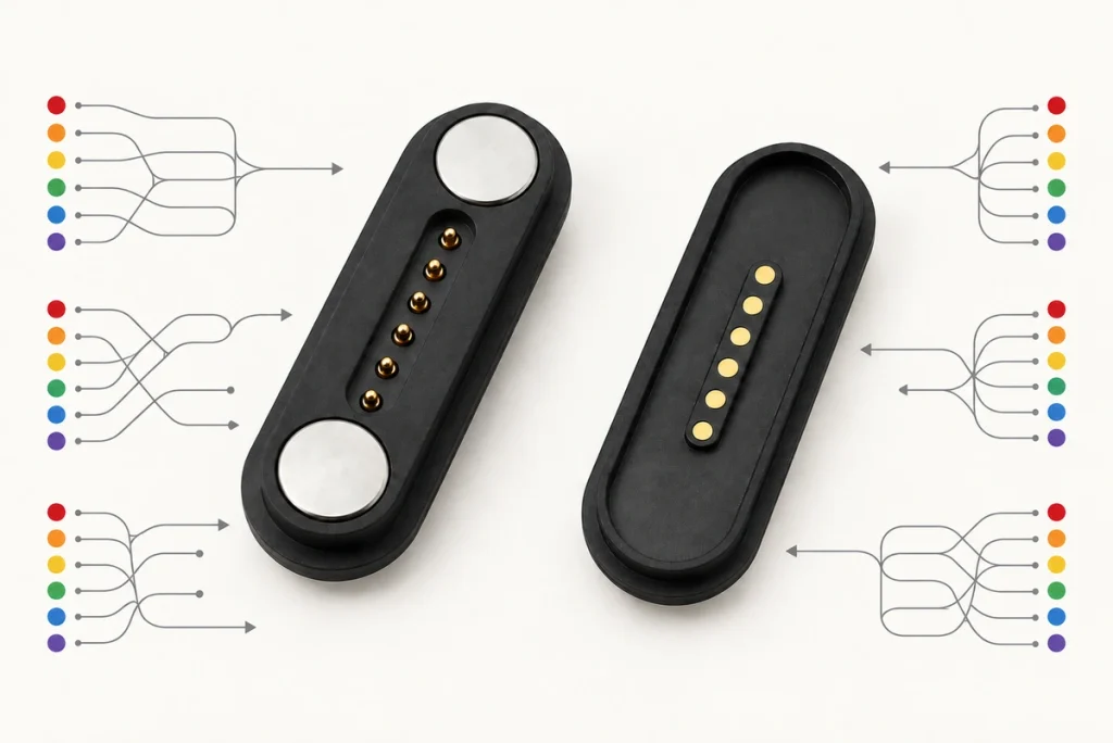 Six-contact magnetic connector pair with illustrative colored circuit groups.