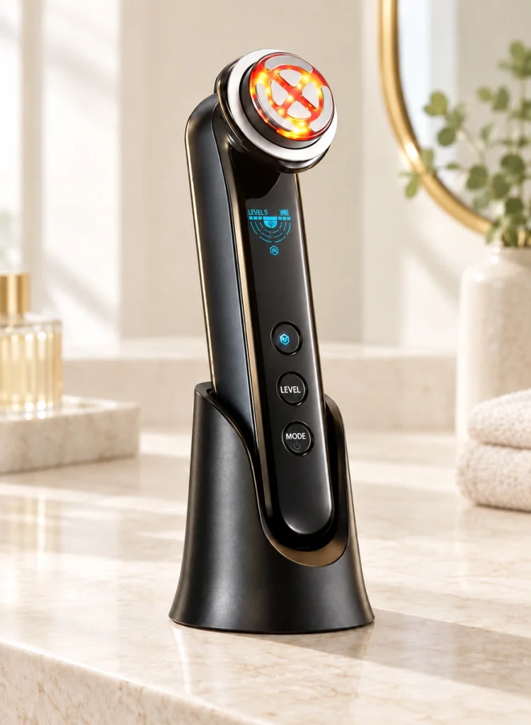 Black and gold handheld device with four illuminated head sectors and a matching charging stand.