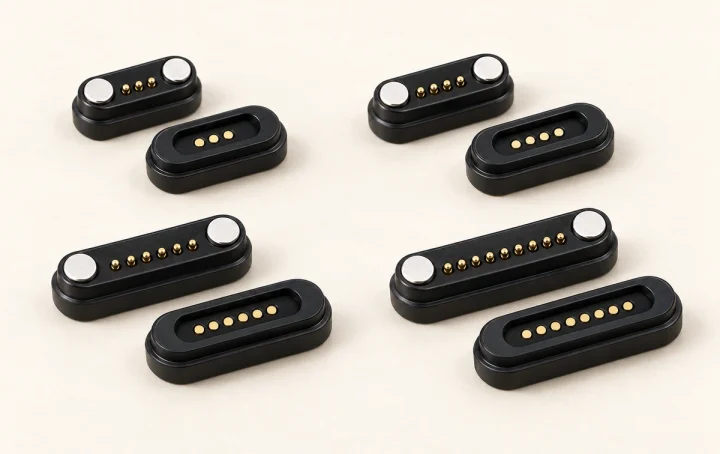 Representative three-, four-, six- and eight-contact magnetic connector pairs with two plug face magnets.