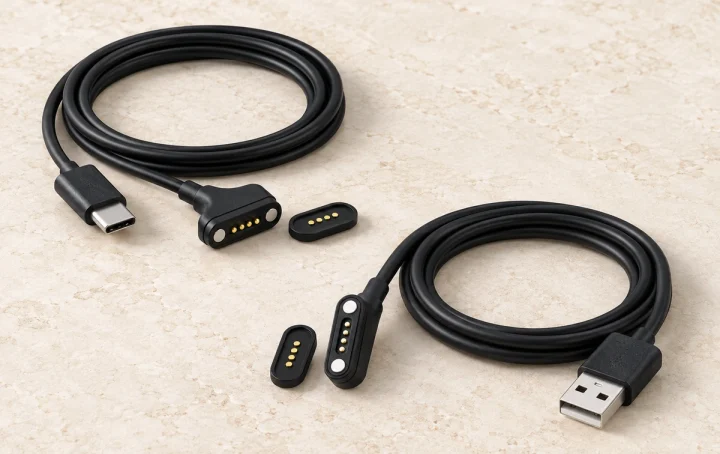 Representative four-contact magnetic cable assemblies with USB-C T-shaped and USB-A slim heads.