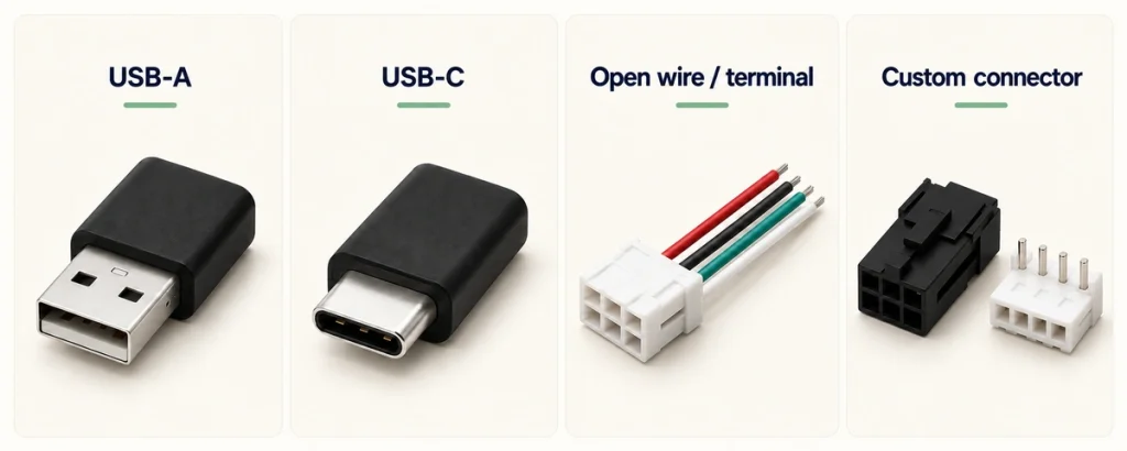 USB-A, USB-C and original terminal connector options, including a four-position header.