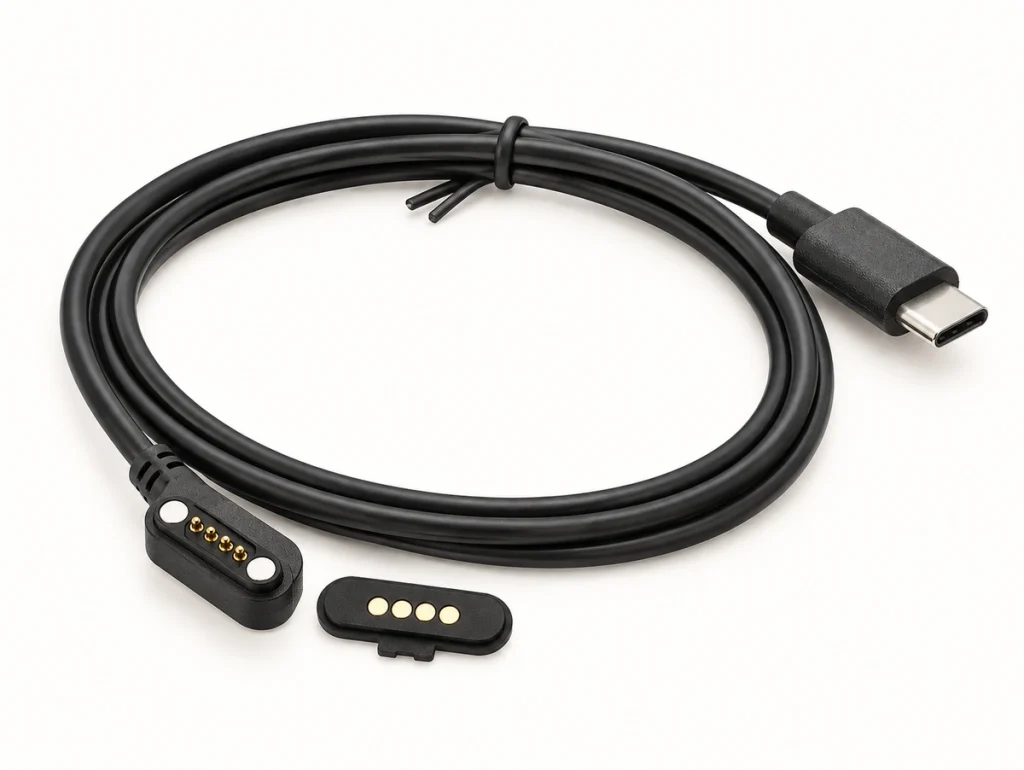 Four-contact USB-C magnetic cable with two same-face end magnets and a matching four-pad plate.