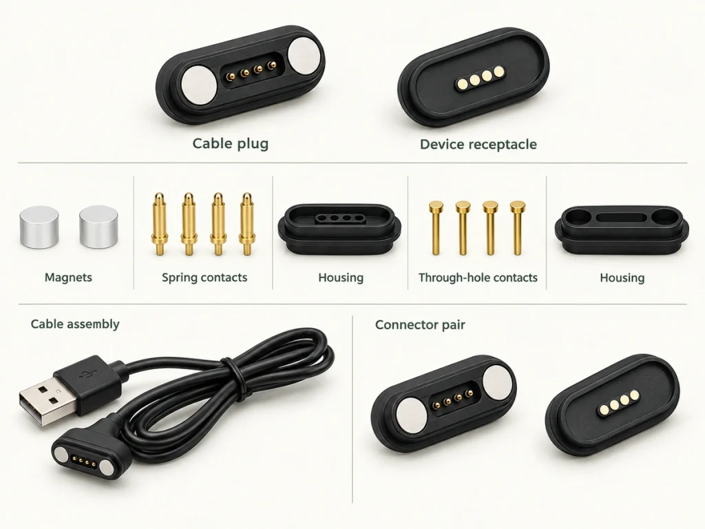 Four-contact magnetic connector pairs, original exploded parts and a complete USB-A cable.