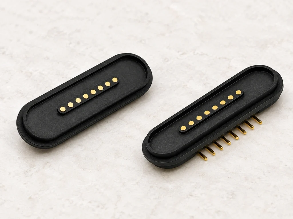 Two eight-contact oval device receptacles, with eight through-hole tails on one component.
