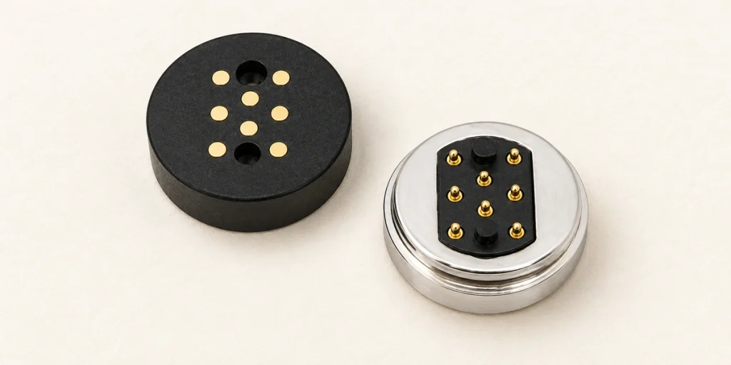 Round eight-contact connector pair with the original staggered contact pattern.